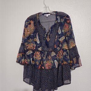 DR2 Blue  Boho Paisley Blouse Sheer Hi Low 1/4 Button V Neck Tassels Roll Tab XS